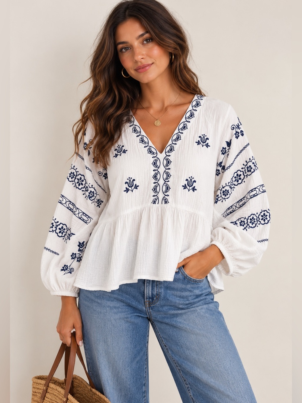Saks Fifth Avenue Embroidered Boho Balloon Sleeve Oversized Top Size L